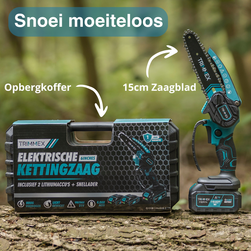 Afbeelding laden in Galerijviewer, Trimmex® Mini Kettingzaag + Telescopische Snoeisteel - Inclusief Opbergkoffer en Twee Krachtige Batterijen (2x4.0Ah)