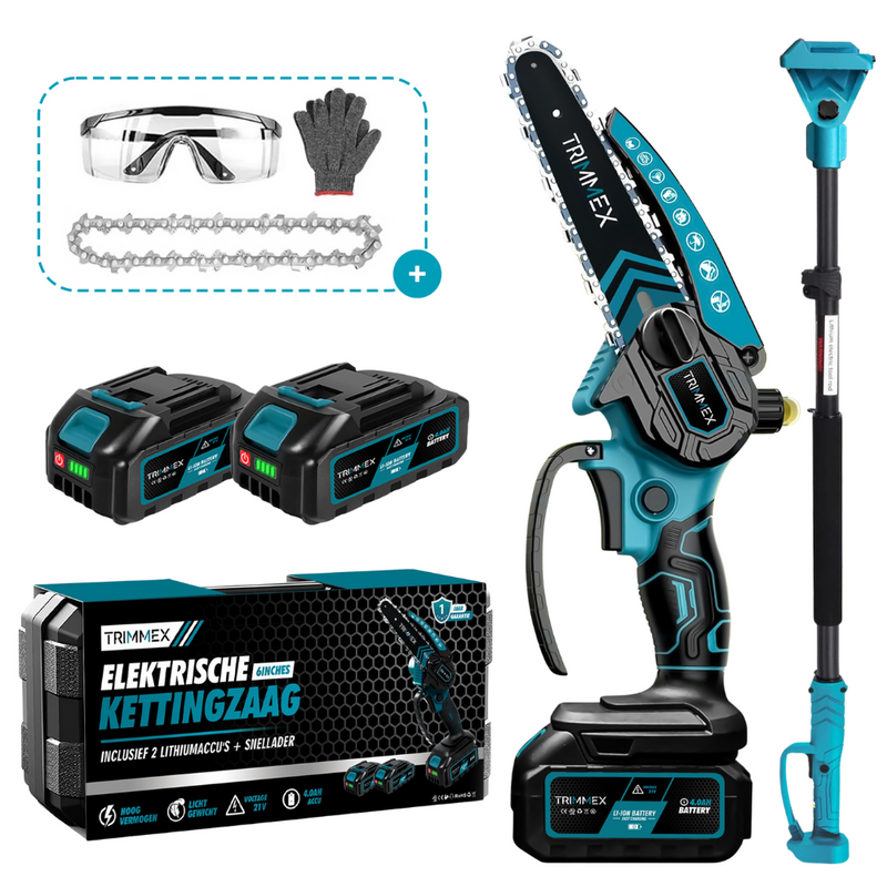 Afbeelding laden in Galerijviewer, Trimmex® Mini Kettingzaag + Telescopische Snoeisteel - Inclusief Opbergkoffer en Twee Krachtige Batterijen (2x4.0Ah)