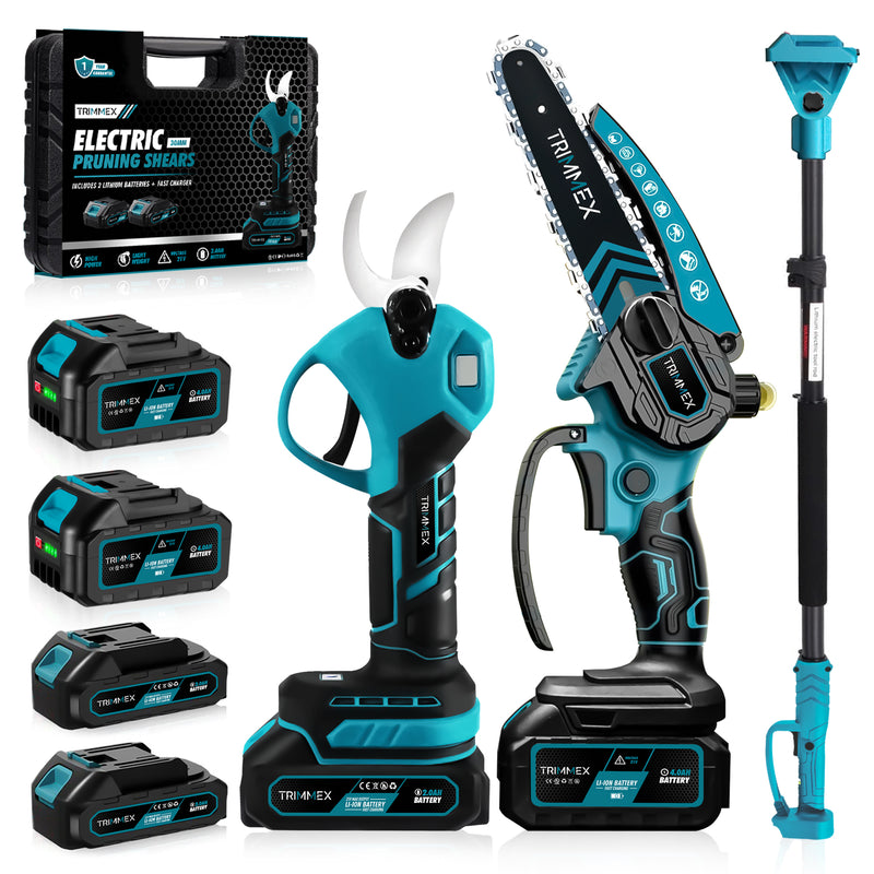 Afbeelding laden in Galerijviewer, Trimmex® Mini Kettingzaag + Elektrische Snoeischaar + Telescopische Snoeisteel - Inclusief Opbergkoffer en Twee Krachtige Batterijen (2x4.0Ah)