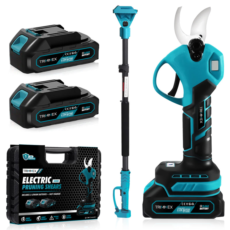 Afbeelding laden in Galerijviewer, Trimmex® Elektrische Snoeischaar + Telescopische steel - Inclusief Opbergkoffer en Twee Krachtige Batterijen (2.0Ah)