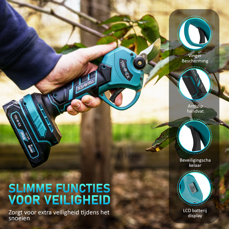 Afbeelding laden in Galerijviewer, Trimmex® Elektrische Snoeischaar - Inclusief Opbergkoffer en Twee Krachtige Batterijen (2.0Ah)