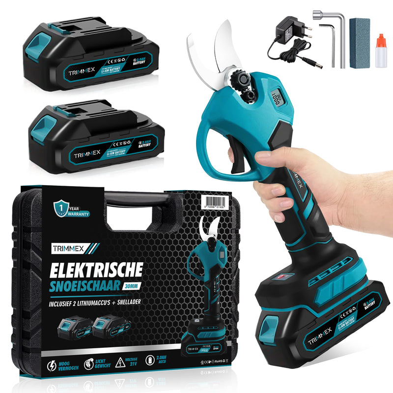Afbeelding laden in Galerijviewer, Trimmex® Elektrische Snoeischaar - Inclusief Opbergkoffer en Twee Krachtige Batterijen (2.0Ah)