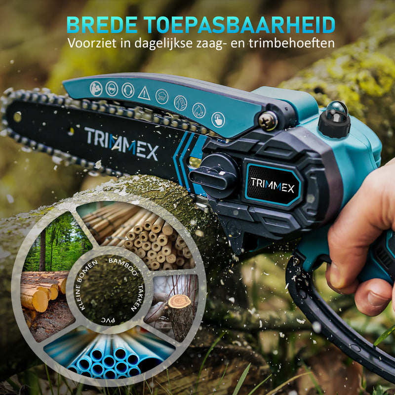 Afbeelding laden in Galerijviewer, Trimmex® Mini Kettingzaag + Telescopische Snoeisteel - Inclusief Opbergkoffer en Twee Krachtige Batterijen (2x4.0Ah)
