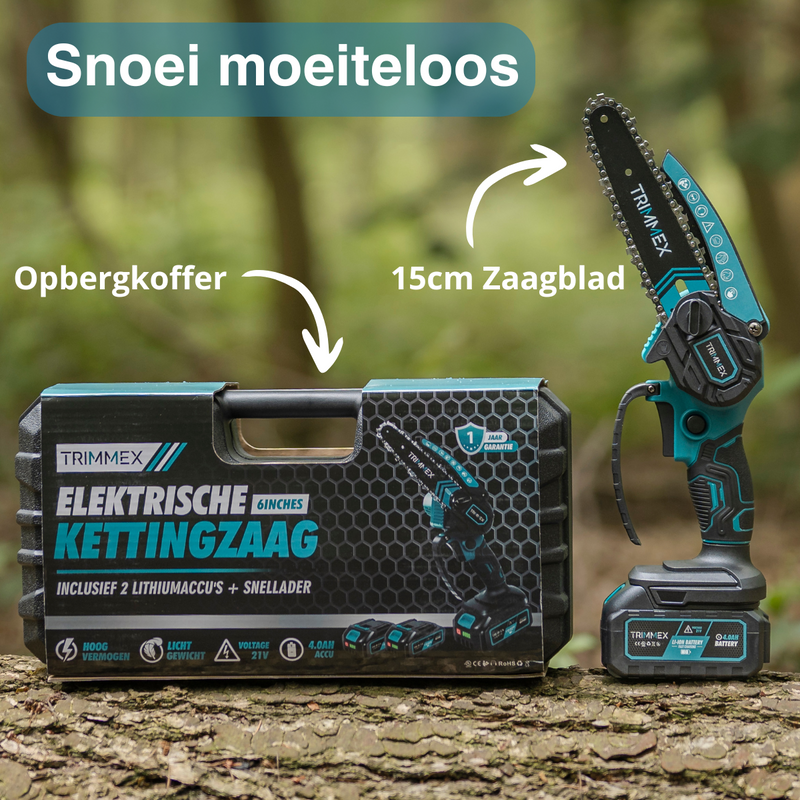 Afbeelding laden in Galerijviewer, Trimmex® Mini Kettingzaag + Telescopische Snoeisteel - Inclusief Opbergkoffer en Twee Krachtige Batterijen (2x4.0Ah)
