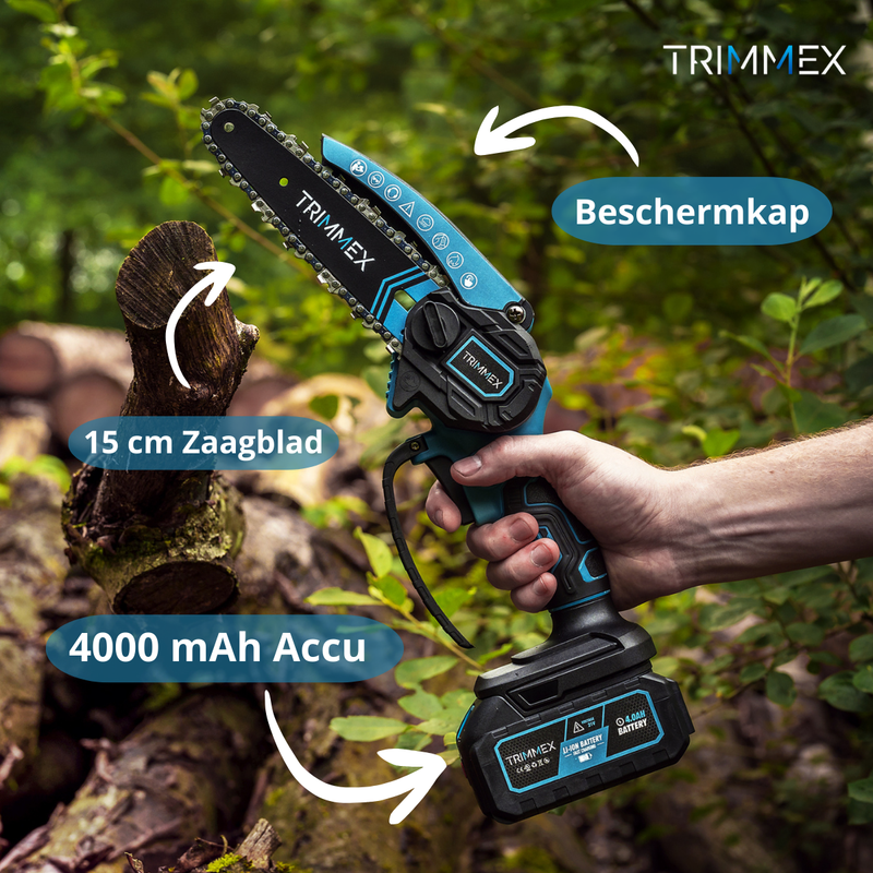 Afbeelding laden in Galerijviewer, Trimmex® Mini Kettingzaag + Telescopische Snoeisteel - Inclusief Opbergkoffer en Twee Krachtige Batterijen (2x4.0Ah)
