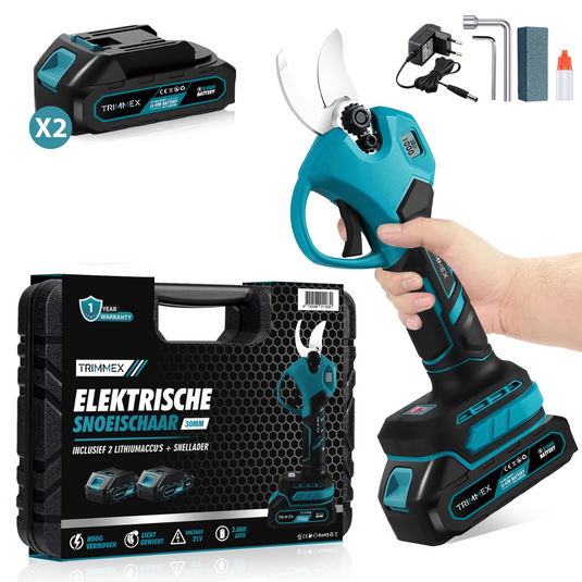 Trimmex® Elektrische Takkenschaar - Inclusief Opbergkoffer en Twee Krachtige Batterijen (2.0Ah) 
