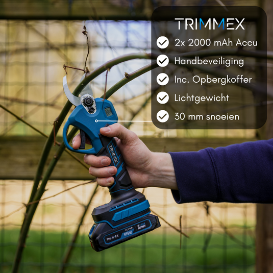 Trimmex® Elektrische Snoeischaar + Telescopische steel - Inclusief Opbergkoffer en Twee Krachtige Batterijen (2.0Ah)