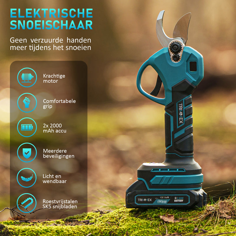 Afbeelding laden in Galerijviewer, Trimmex® Elektrische Snoeischaar + Telescopische steel - Inclusief Opbergkoffer en Twee Krachtige Batterijen (2.0Ah)
